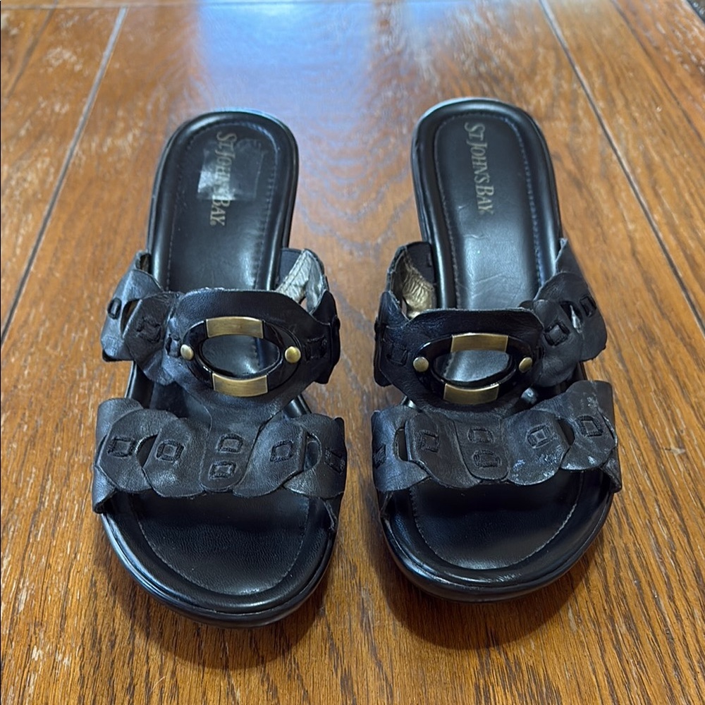 Black Slide Sandals with Gold Accents